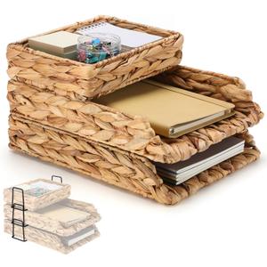 Geelin 3 Pack Water Hyacinth Woven Stackable Desk Organizer Letter Tray, Primary Color Tabletop Desk Basket for Storage Paper Letter Folders Notebooks Copy Print, Workspace Holder