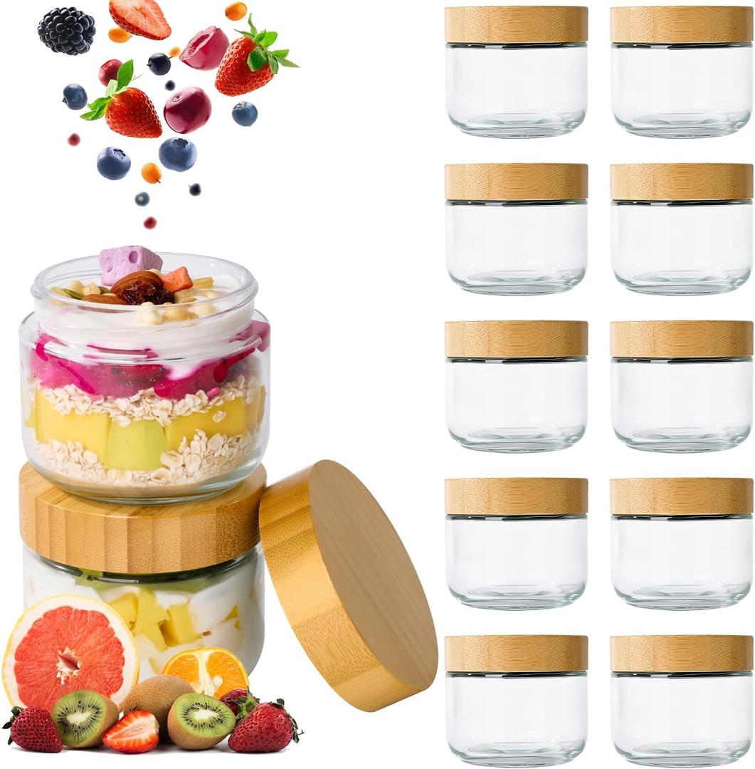 Hoa Kinh 9oz 12Pack Glass Food Storage Jars with Lids, Leak Proof Small Glass Jars for Overnight Oats, Cereal, Empty Jar with Woodgrain Lids for Kitchen