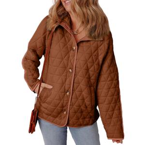 EVALESS Women's Lightweight Diamond Quilted Jacket Casual Winter Open Front Button Down Puffer Coat Outwear Cardigan (Coffee) 
Small