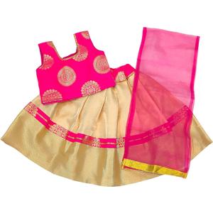 Hot Pink Banarasi Brocade Silk Top and Golden Brocade Silk Skirt Kids Lehenga Choli, Lehenga Set for Girls, 1-2 yrs