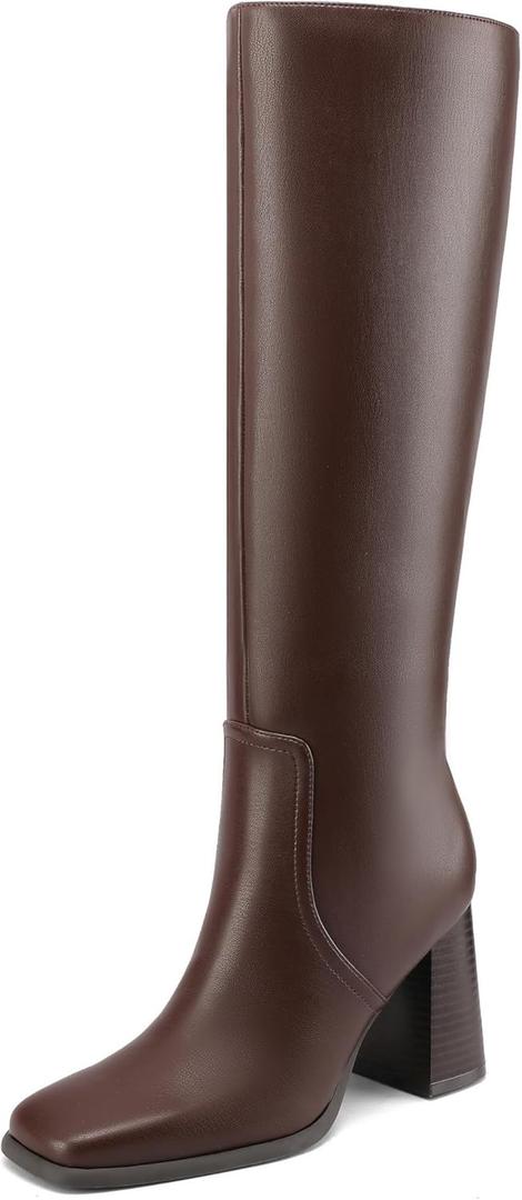 MIRAAZZURRA Women Brown Knee High Boots Chunky Heel Square Toe for Party Date Long Boots Size 10