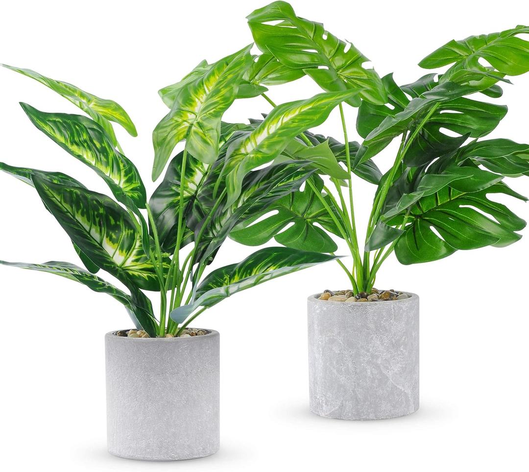 2pcs Fake Plants 16" Faux Plants Artificial Tropical Plants Indoor for Home Office Desk Kitchen Bathroom Table Shelf Decor