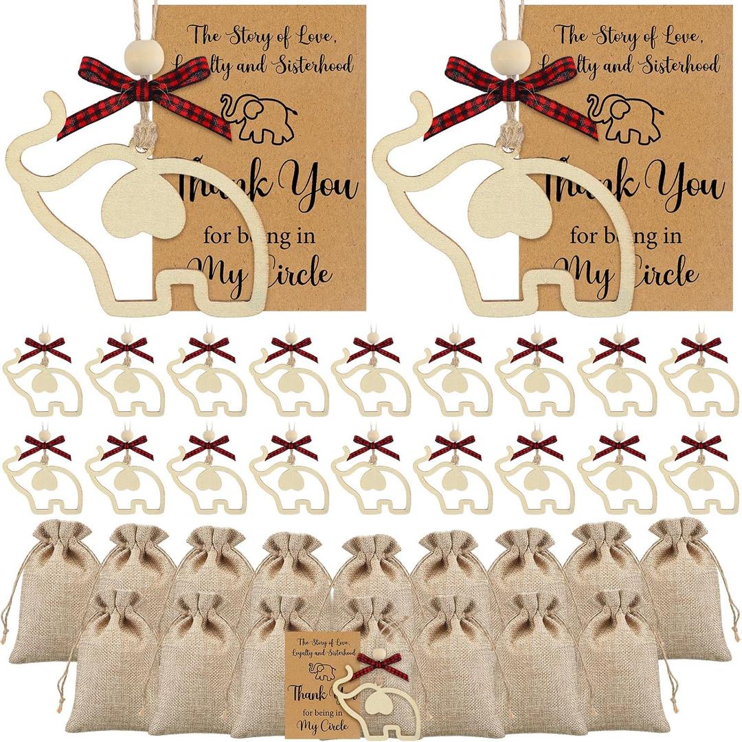 Thyle 24 Sets Friendship Elephant Ornaments Wooden Christmas Friendship Ornament with Story Cards Sisterhood Elephant Gifts for Women Tribe with Gift Bags for Xmas Best Friends Birthday Gifts(Lovely)