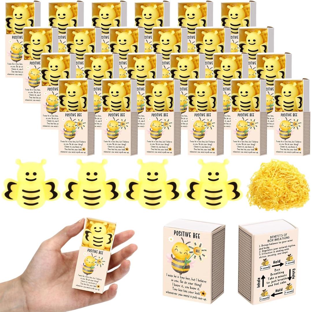 Wettarn 36 Sets Bee Gifts Positive Stress Balls with Support Boxes Bulk Party Favors for Employee Coworker Friends Office Cute Inspirational Relief Toys Yellow Desk Decor