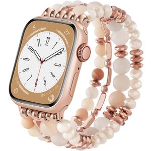 VISOOM Beaded Boho Bracelet for Apple Watch Series 11 10 Se 9 8 7 6 5 4 3 2 1 Bands 42mm 41mm 40mm 38mm Women, Fashion Handmade Cute Crystal beads Stretchy Watch Strap for Iphone iWatch Bands-White/Khaki