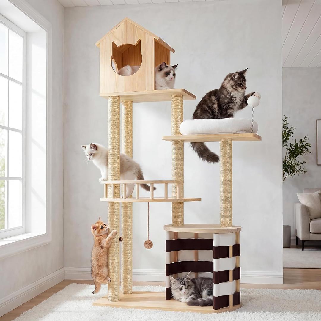 YITAHOME Stable Pine Wood Cat Tree, Multi-Level Cat Tower with Cat House, Observation Perches, Sisal Scratching Posts & 2 Interactive Sisal Balls, Cat Furniture