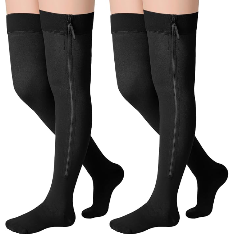 Sosation 2 Pairs Zipper Compression Socks Thigh High 20-30 Mmhg Closed Toe Thigh High Support Stockings(Black,Medium)