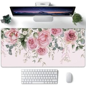 XXL Mouse Pad, Pink Peony Flowers Eucalyptus Green Leaves Large Desk Mat for Desktop, Extended Large Gaming Mouse Pad Mouse Mat with Non-Slip Rubber Base Stitched Edges for Home Office 35.4"X15.7"