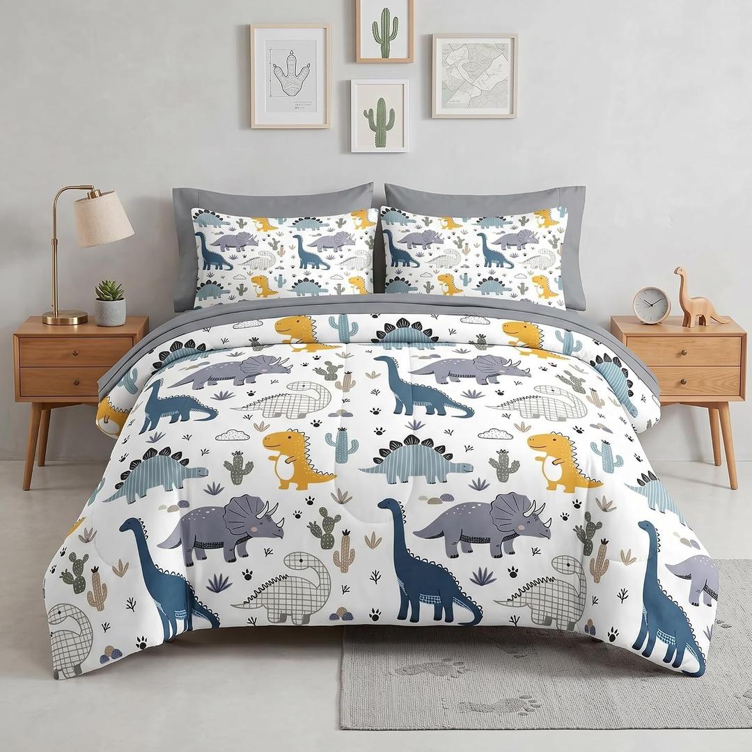 Nesker Queen Comforter Set for Boys, 7 Pieces Dinosaur Bedding for Kids