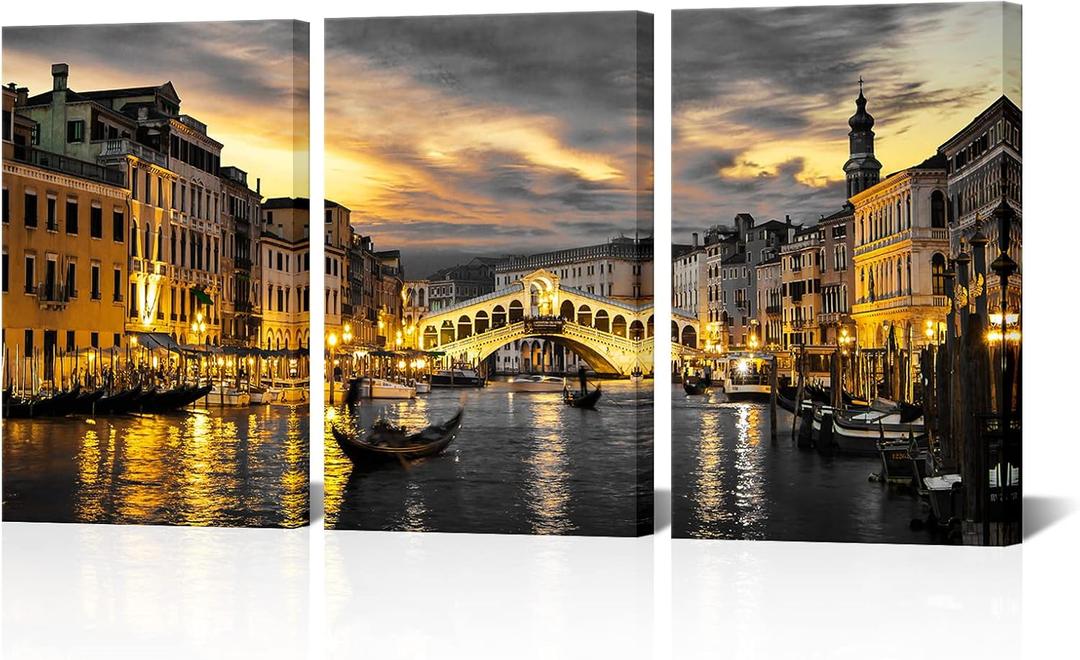 NutArtPic Venice Wall Art Canvas Italy Grand Canal Picture Venice Skyline Prints Rialto Bridge Night Cityscape Artwork Stretch and Framed Ready to Hang (Medium)
