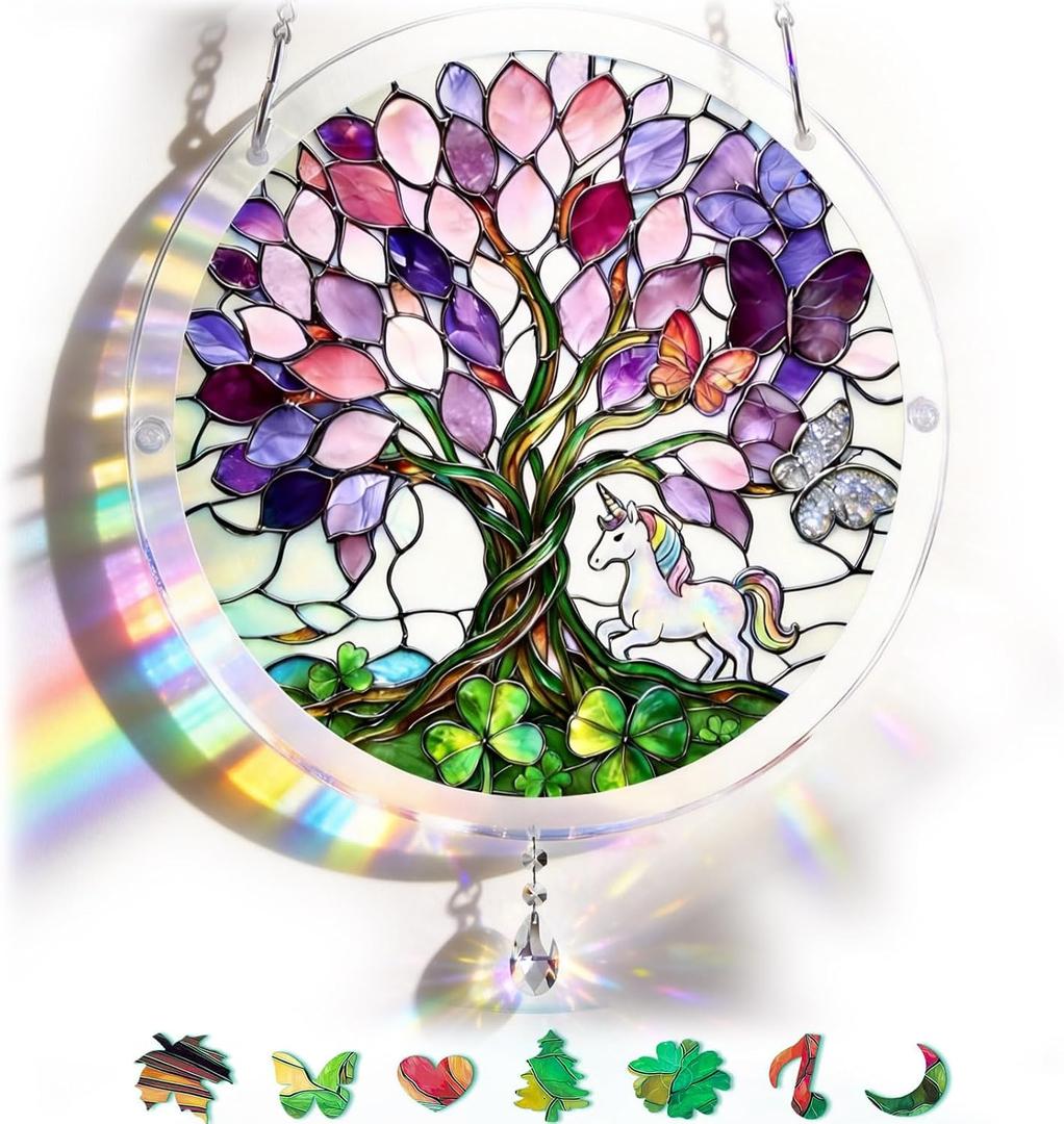 Sun Catcher with Tree of Life Design, 7.2 Inch Stained Glass Window Hanging, Colorful Suncatchers for Windows, Birthday Gifts for Women, Home & Garden Decor