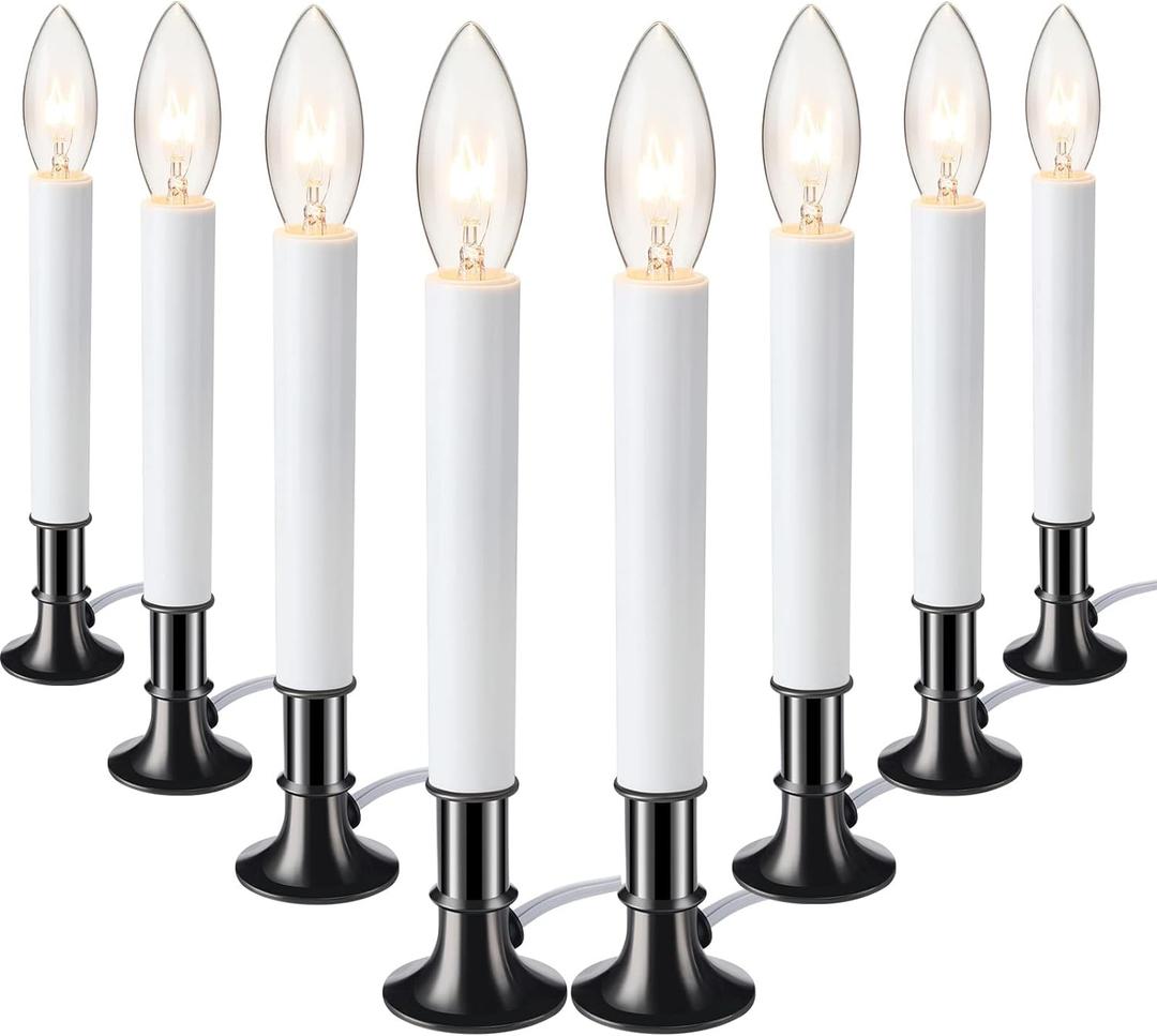 Hortsun 8 Pieces Electric Window Candle with Pewter Plated Base Window Candle Light Sensor Turns with Automatic On/Off for Home Christmas Holiday Party Decorations
