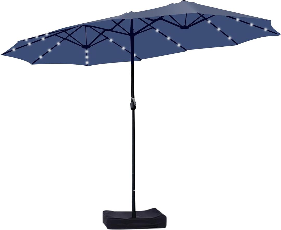 15ft Double Sided Patio Umbrella with Solar Lights, Outdoor Large Umbrellas with Crank Handle and 36 LED Lights, Rectangular Market Umbrella with Base Included for Deck Pool Shade (With Base)