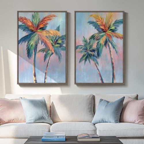 Framed Colorful Coastal Wall Art for Living Room Decor, Large Tropical Beach Palm Tree Canvas Artwork for Walls, 2 Piece Pop Paintings Prints for Hallway Bedroom Office Salon Wall Decor, 24x36 Inch