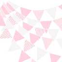 GCQQ 39Ft Pink White Party Decoration, 42Pcs Large Striped and Checkered Fabric Banner Garland, Triangle Banner Flags for Valentine's Pink Party, Wedding, Bridal Baby Shower, Home Nursery Decoration