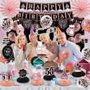 2 x 50th Birthday Decorations for Women - Rose Gold 37Pcs All-in-One Party Kit with Banner, Backdrop, Tiara, Sash, Cake Topper, Latex Balloons, Hanging Swirls, Centerpieces