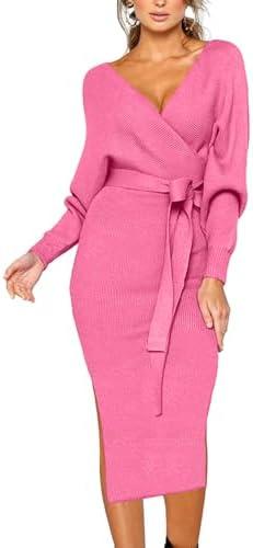 CHERFLY Women's V Neck Sweater Dresses Batwing Long Sleeve Backless Bodycon Long Dress with Belt XL