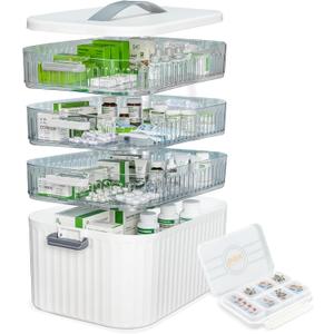 Multi-Tier Medicine Storage Box with Handle | Portable First Aid Organizer for Home, Office & Travel | Large Pill Storage Cabinet with Bonus 7-Day Pill Case (3-Tier & 4-Tier Variants) (4-Tier)