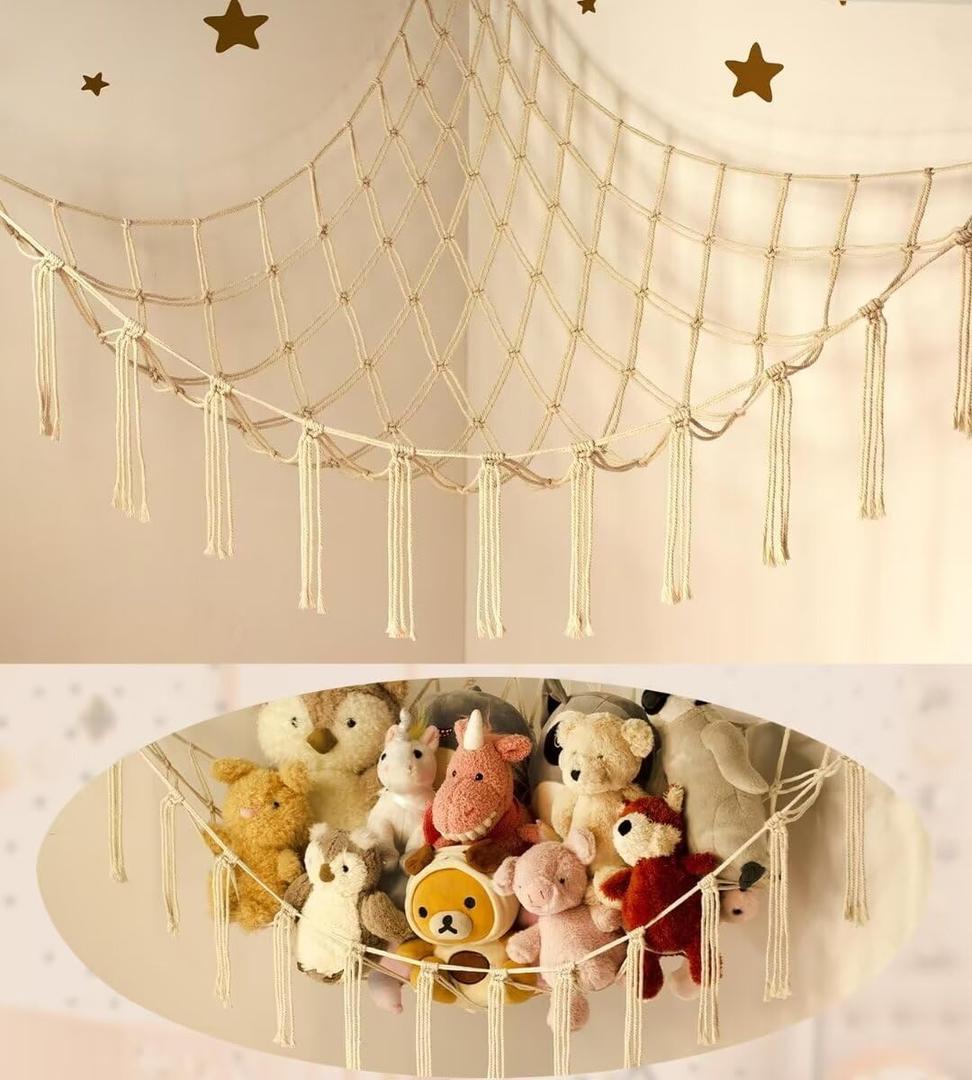 Stuffed Animal Storage Hammock or Net Corner - Large Toy Hammock Net for Stuffed Animals Room Decor - Cute Stuff Animal Organizer Plush Holder - Kids Baby Nursery Essentials Wall Bedroom Home Decor (Beige)