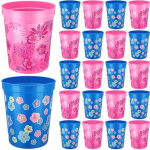 Qinyoung 24 Pcs Cartoon Party Decoration Cups 16oz Reusable Plastic Cups Cartoon Themed Birthday Party Favor Tumblers Bulk for Smoothie Juice Ice Coffee, Blue, Pink