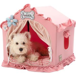 Jiupety Indoor Dog House with Frame, Cute Dog Tent Bed with Cover Cave, Breathable, Washable, and Foldable House, Suitable for 10-20 Lb Puppy and Cats, Medium (17"×17"×17"), Pink