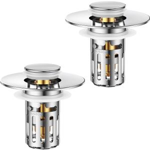 2PC Solid Metal Bathroom Sink Stopper-Brass Core & Stainless Steel Construction-Dual Function Bathroom Sink Drain Strainer-Universal Fit 99% Bathroom Drain-(1.1'' to 2.36'' inch) (Chrome)
