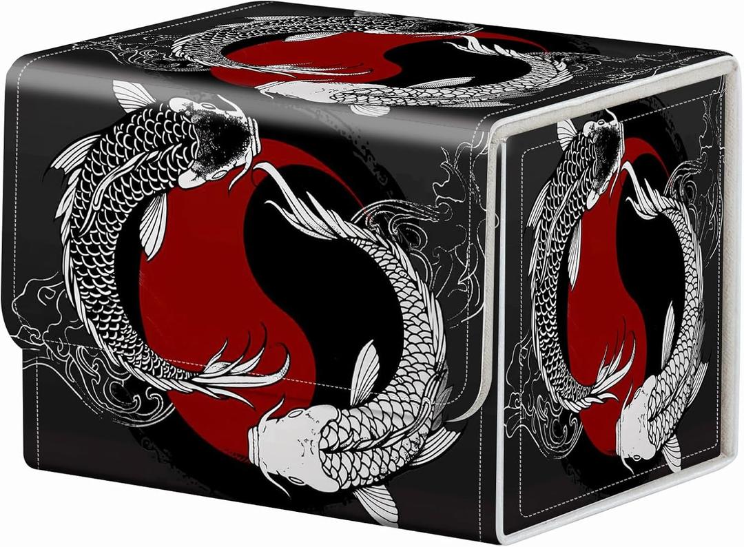 Strong Magnet Case Mtg Deck Box Tcg Up to 200 Cards Creative Pattern Trading Card Storage Box for Collectible Card Games, Black And White Koi