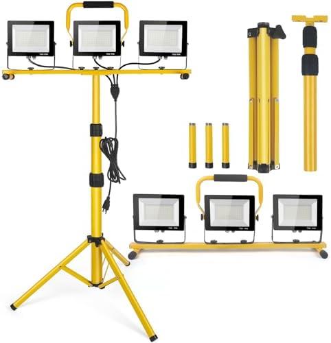 21000Lumen LED Work Lights with Stand - 3 Head Portable Work Light on Stand - IP66 Waterproof Tripod Worklights for Outdoor Indoor Job Site Workshop Garage Construction Site Lighting