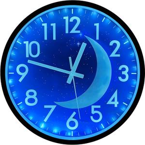 JoFomp LED Light Up Wall Clocks Glow in Dark, 12 Inch Silent Wall Clock Battery Operated, Blue Moon Night Light Wall Clocks for Living Room Decor, Sound Control Glow in The Dark Wall Clock for Bedroom