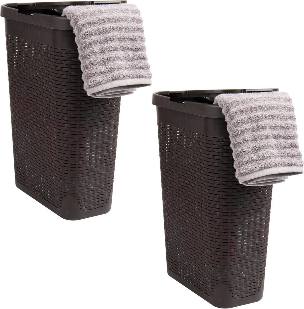 Mind Reader 40L Slim Laundry Hamper, Clothes Basket, Lid, Wicker Design, Plastic, 18"L x 10.4"W x 23.5"H, Set of 2, Brown