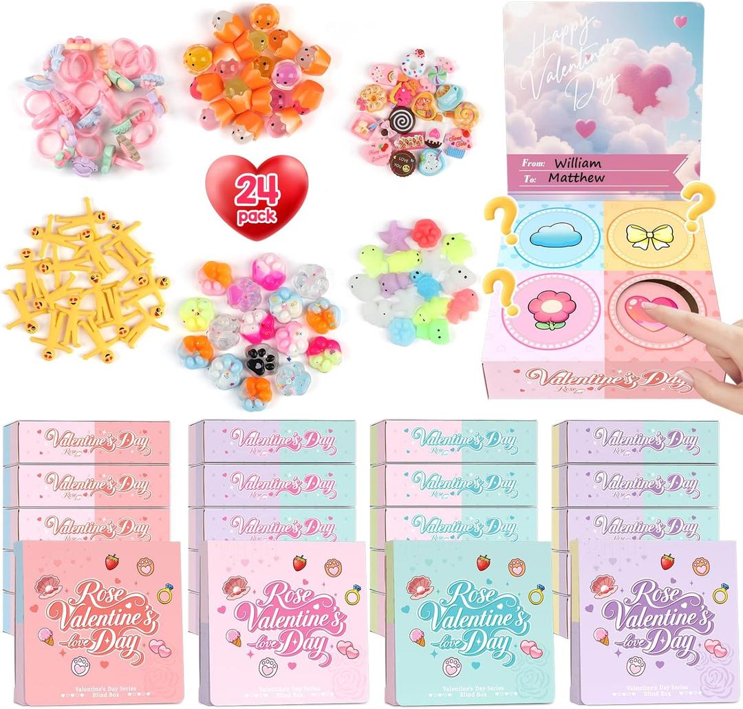 Valentines Day Gifts for Kids: 24 Pack Unique 4-in-1 Blind Box Sets Valentines Gift Card with Mochi Squishy Toys, Mini Kawaii Little Items for Girls Boys Classroom School Exchange Prize Party Favors