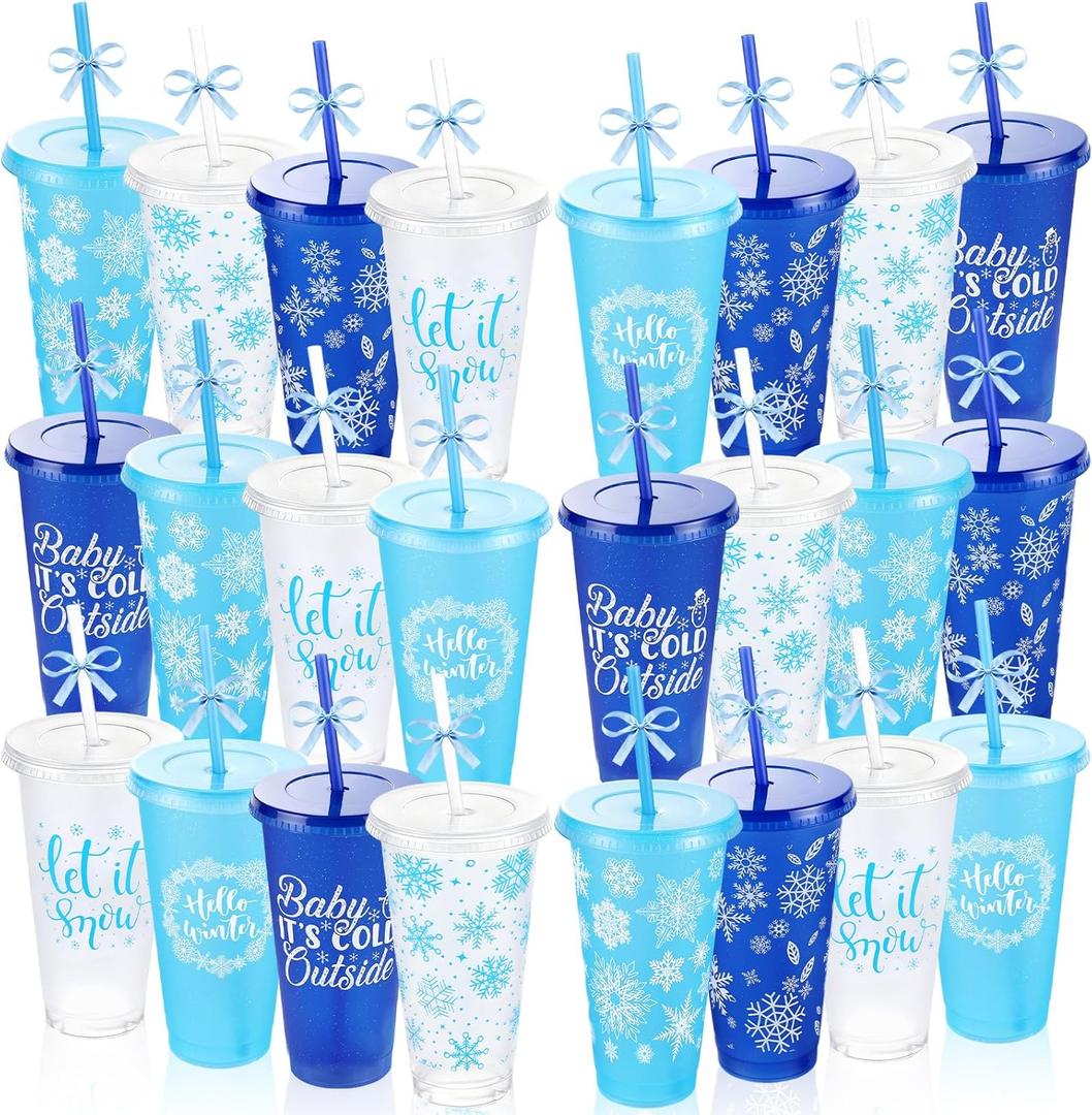 Yoiemivy 24 Pack Winter Plastic Cups Bulk 24 oz Reusable Snowflake Tumbler with Lids and Straws Holiday Party Christmas Drinking Cups for Holiday Party Favors Supplies