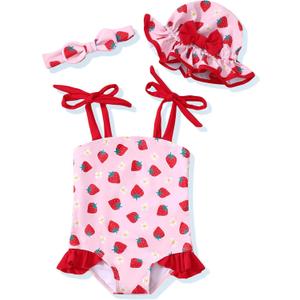 Renotemy Baby Girl Swimsuit Toddler Girls One-Piece Swimsuit Summer Beach Bikini Girl Bathing Suits with Hat 0-24 Month (Strawberry)