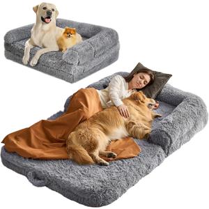VEVOR Foldable Human Dog Bed, 72"x48"x10" Giant Human Sized Dog Bed with Washable PV Velvet Cover, Egg Orthopedic Foam, Storage Pocket, for You and Pet, Grey