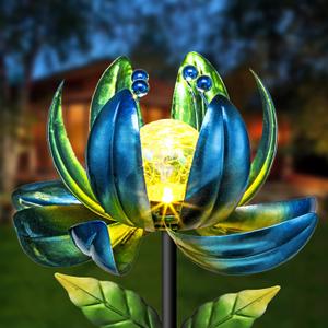 Huaxu Solar Outdoor Lights 35.4In Garden Decor Flower Wind Spinners,Waterproof LED Crackle Glass Globe Blue Lotus Art Metal Stake for Lawn Patio Pathway Yard Porch Driveway Decorations Gift