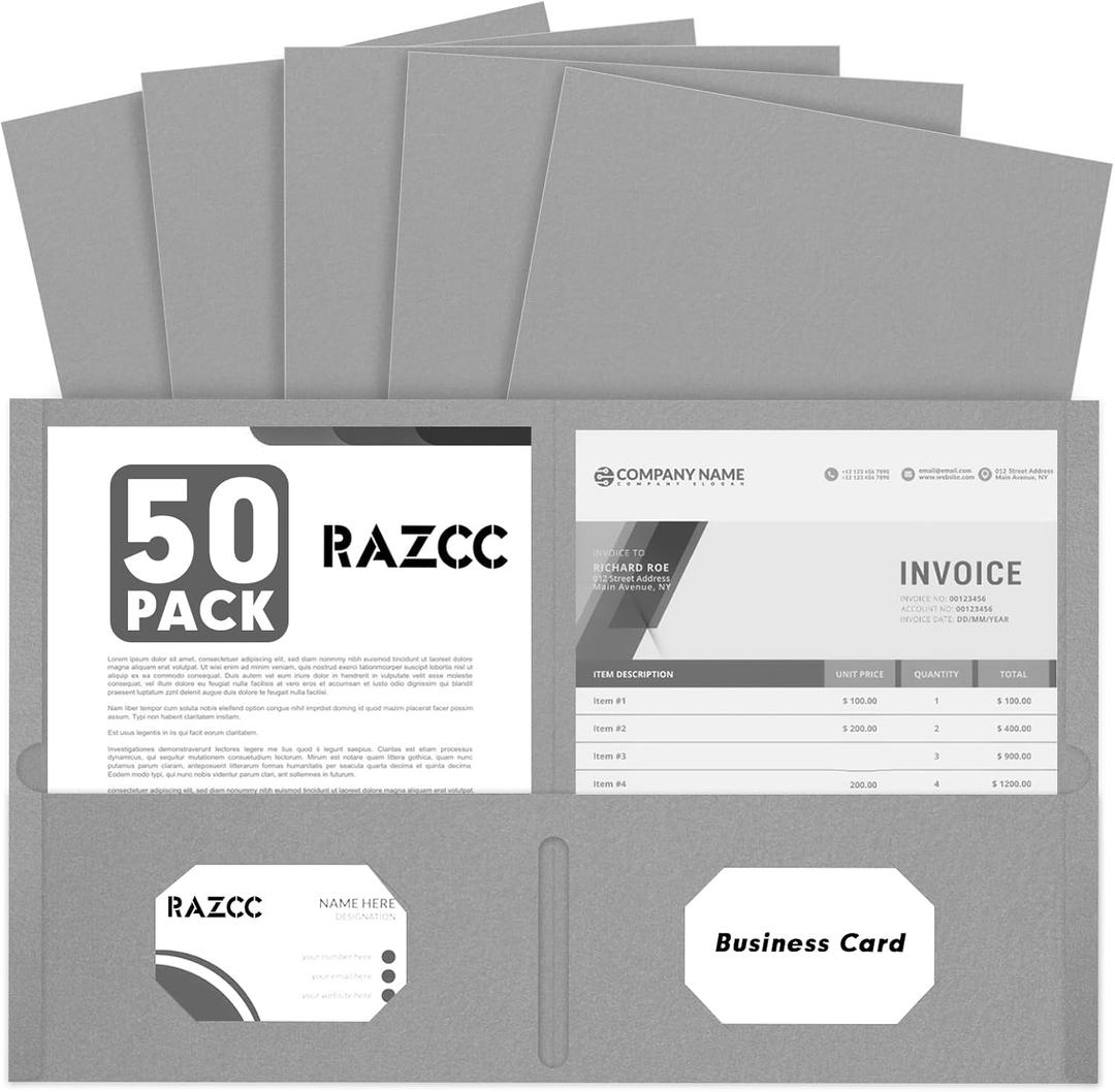 Two Pocket Folders, RAZCC 50 Pack 2 Pocket Folders Fit Letter Size Paper, Paper Folders with Pockets for School Office Business Home (Grey)