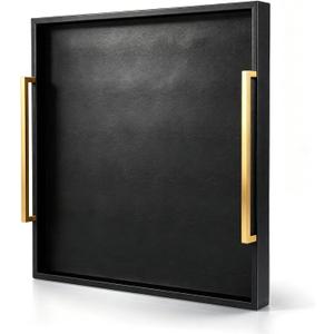 24"x24" Square Extra Large Leather Ottoman Tray with Gold Handles, Black