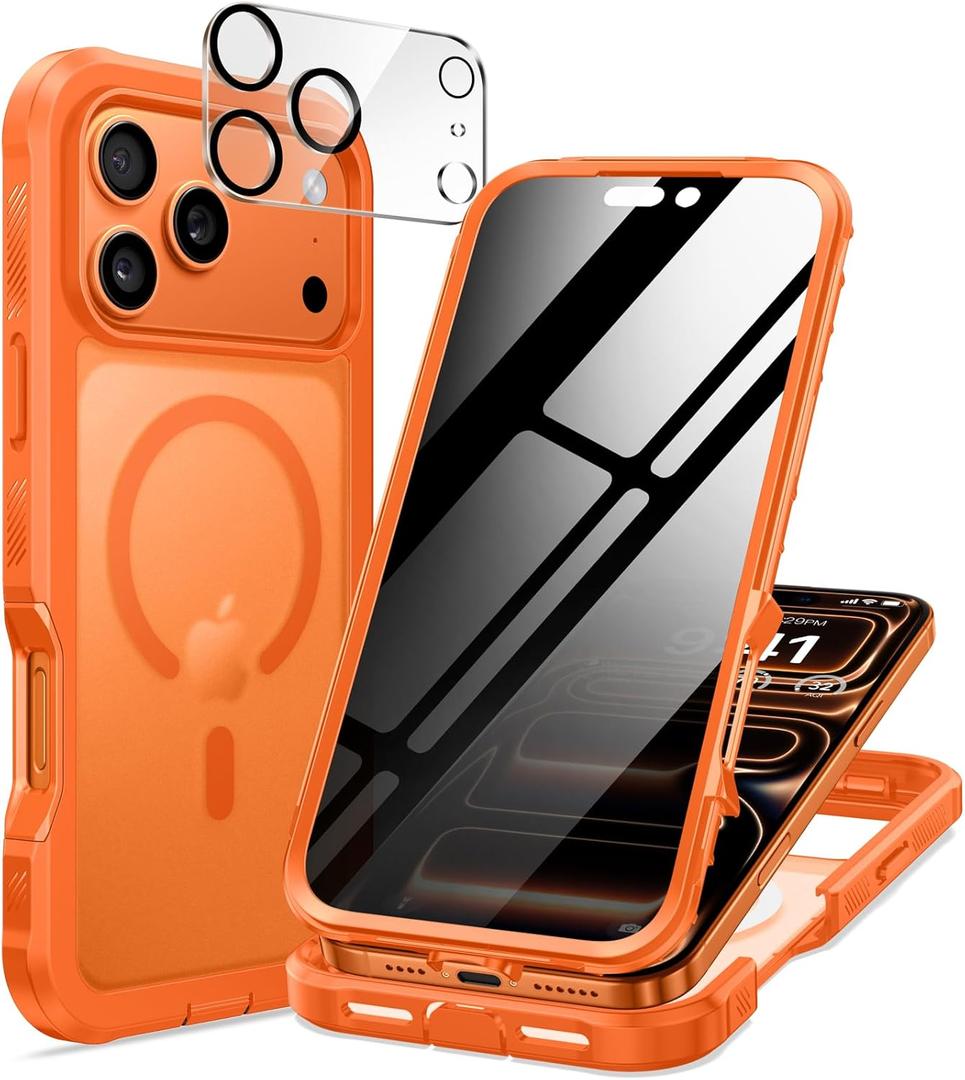 seacosmo for iPhone 17 Pro Max Case, Full Body Bumper with Built-in Tempered Glass Privacy Screen and Camera Lens Protector, Compatible with MagSafe, Shockproof 17 ProMax Phone Case 6.9", Orange Matte