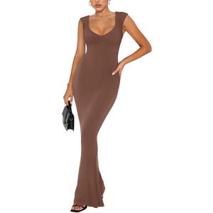 REORIA Women's Summer Casual Lounge Long Dress Elegant Wedding Guest Cap Sleeve Sexy Square V Neck Ribbed Bodycon Maxi Dresses Coffee Small