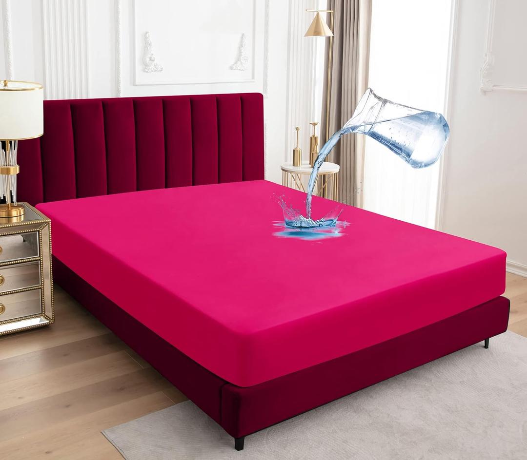 Sufdari Cal King Mattress Protector,Waterproof Mattress Protector,Fitted Sheet Style Mattress Cover with 18" Deep Pocket,Washable and Comfortable-Deep Pink,California King