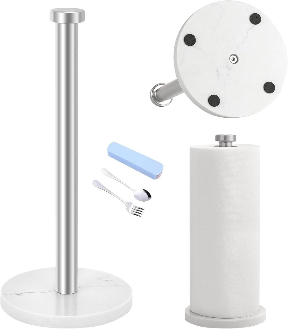 Standing Paper Towel Holder, Kitchen Paper Towel Roll Holder- for Bathroom Kitchen Countertop with Weighted Marble Base for One-Handed Operation (Silver), Silver Paper Towel Holder
