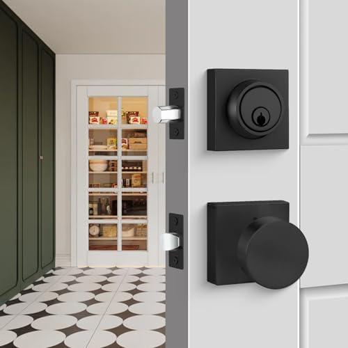 goldenwarm Black Door Knobs with Deadbolt, Zinc Alloy Matte Black Exterior Door Knobs Lock Set with Deadbolt, Heavy Duty Door Locks for Front Door - Modern & Stylish(1 Pack)