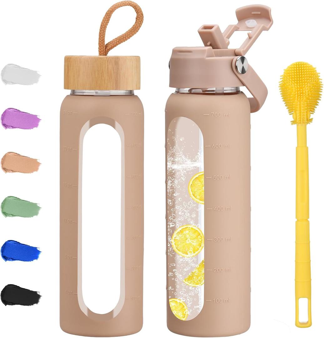 24 oz Glass Water Bottle with 2 Lids-Handle Straw Lid & Bamboo Lid,1 Liter Motivataional Tumbler Water Bottle Time Marker, Borosilicate Glass Water Bottles With Silicone Sleeve, Leakproof (Amber)