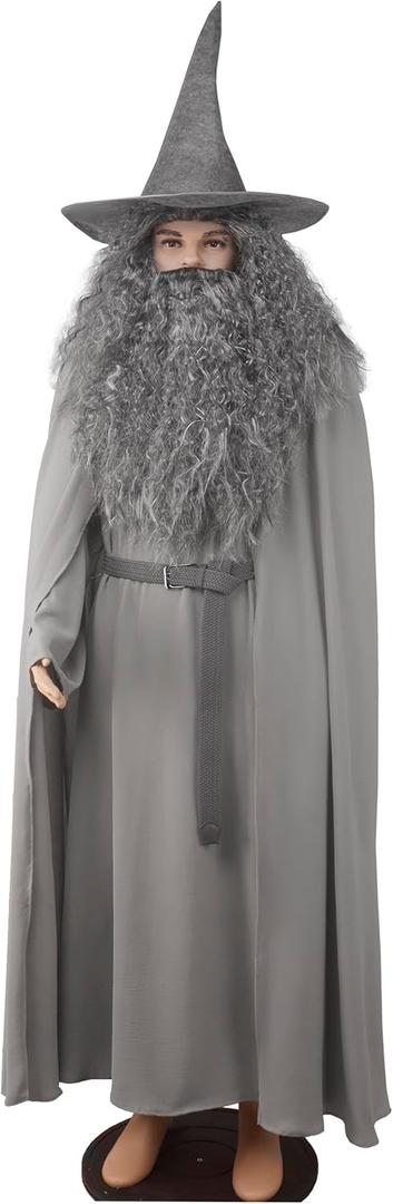 Grey Wizard Costume for Adult Medieval Pilgrim Cosplay Outfit with Hat Robe Cloak Wig Beard for Halloween LARP
