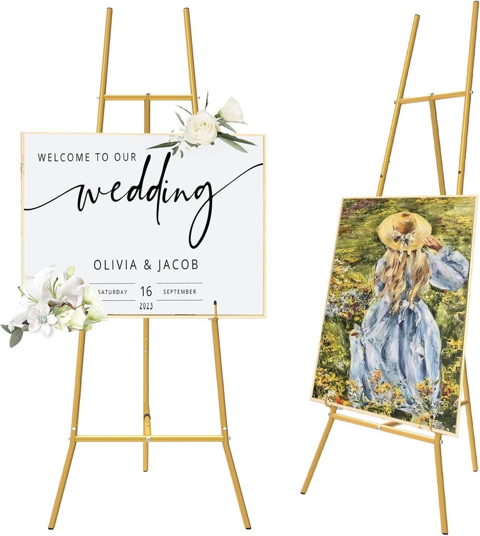 Gold Easel Stand for Sign - Heavy Duty Metal Freestanding Adjustable Display Stand (3-Tier), Large Professional Easel for Paintings, Artwork & Commercial Displays, Durable Exhibition Easel