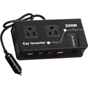 200W Car Power Inverter, Amcelooy Dual DC 12V to 110V AC Car Outlet Adapter to Wall Plug, Fast Charging 24W USB-C & USB Ports,Car Charger Cigarette Lighter Adapter for Phone,Laptop on Road Trip(Black)