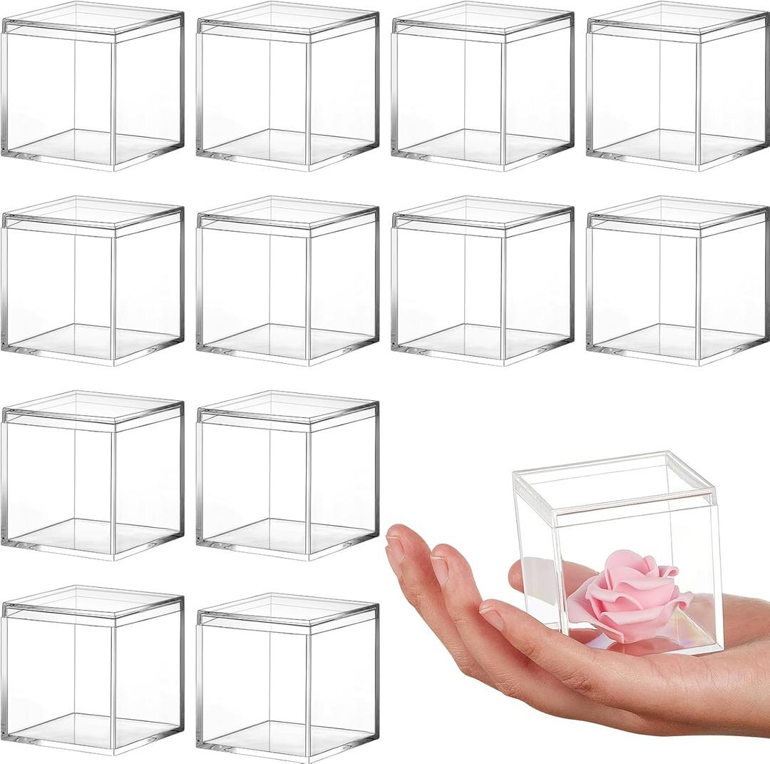 Juexica 12 Pcs Clear Acrylic Box with Lid Plastic Small Acrylic Boxes Decorative Storage Box Jewelry Display Mini Clear Container for Home Candy Pill Tiny Jewelry(Square,1.8 x 1.8 x 1.8)