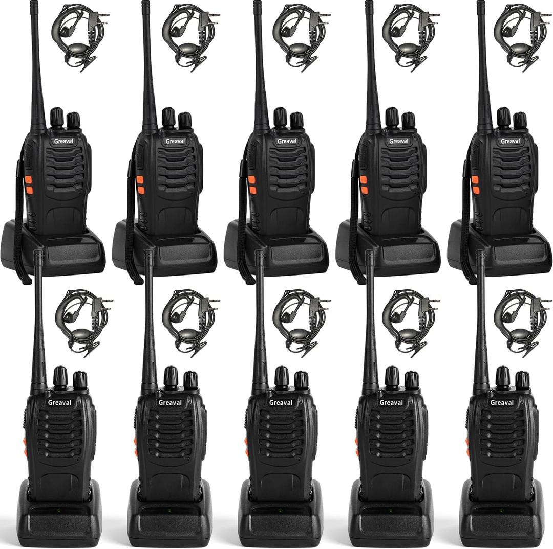 Walkie Talkies 10 Pack Rechargeable Two-Way Radios with Earpiece 16 Channel for Adults, Li-ion Battery and Charger Included, Long Range Walkie talkies (Pack of 10)