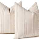 Hckot Decorative Throw Pillow Covers 18x18 Textured Striped Pillow Covers Linen Farmhouse Decor Cushion Covers for Couch Bed Living Room Sofa, Khaki