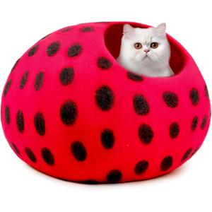 Woolygon Premium Felt Cat Cave Bed - Polka Dot Series - Wool Kitty Beds Handcrafted Kitten Caves Bed for Indoor Cats - Eco-Friendly Merino Wool, Foldable Cat Hideaway Cat Houses (Red/Black Dots) (Medium)